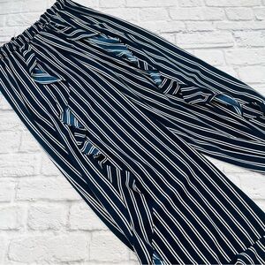Green Envelope Large Navy and White Striped Wide Leg Ruffle Pants Romantic
